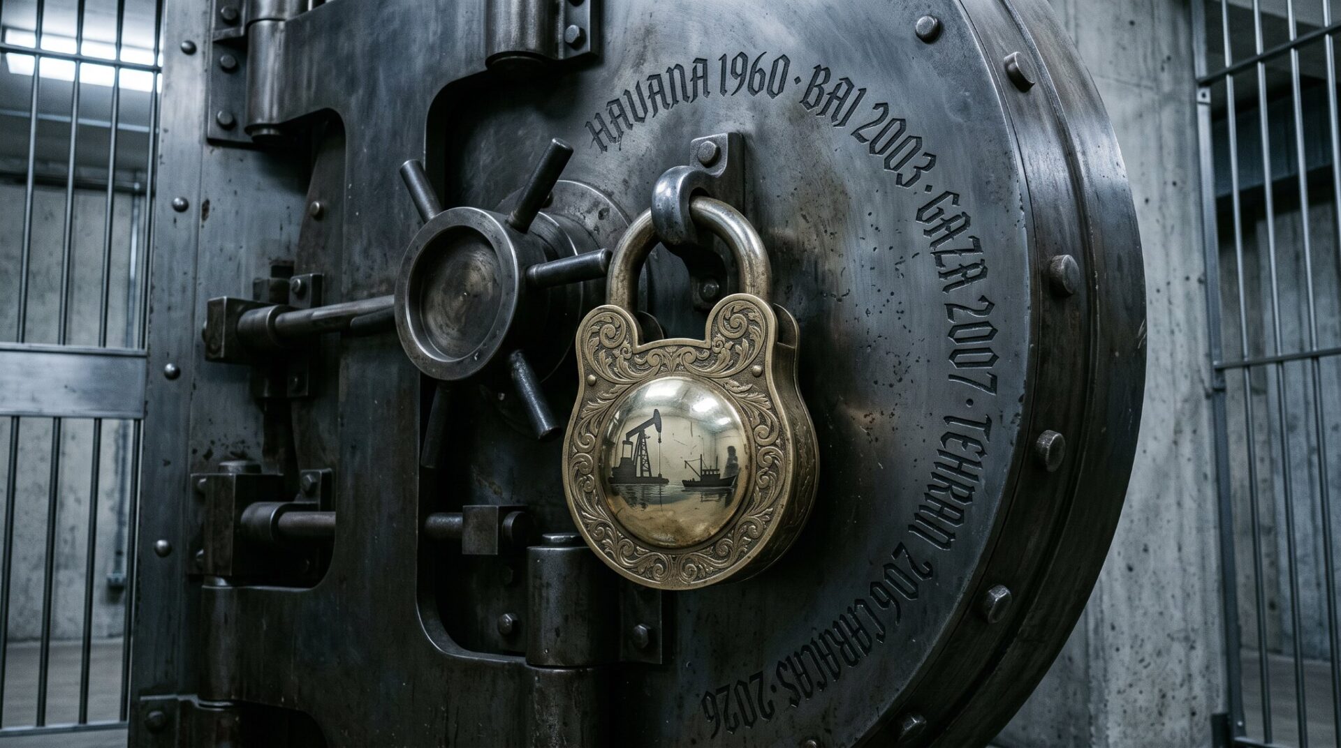 A locked bank vault engraved with the dates of American and allied blockades — Havana, Baghdad, Gaza, Tehran, Caracas.