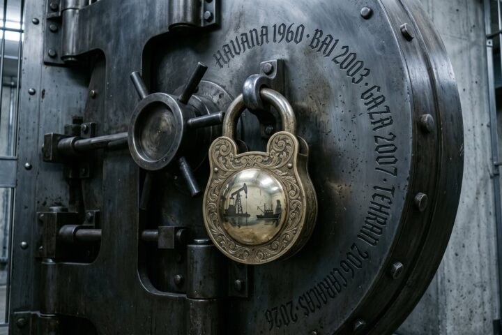 A locked bank vault engraved with the dates of American and allied blockades — Havana, Baghdad, Gaza, Tehran, Caracas.